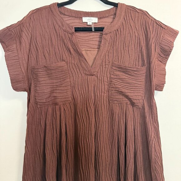 Crinkle Textured Brown Short Sleeve Dress Pockets Lined by Entro Size Women's M - Picture 4 of 8
